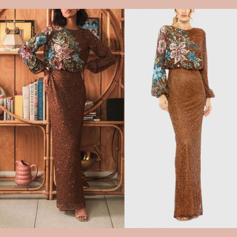NWT Mac Duggal [ 8 ] 5615 Embellished Floral High Neck‎ Gown Mocha Brown J1541